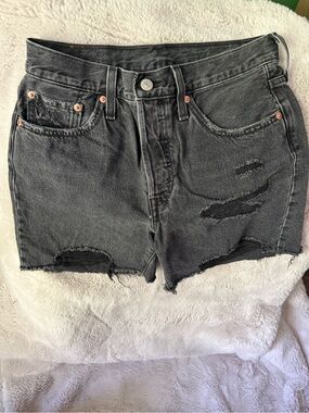 Levi’s 501 mid thigh Distressed Black Denim Shorts